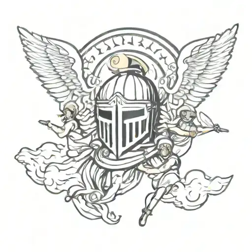 Sparta Helmet Behind A Group Of Angels Flyng In Sun