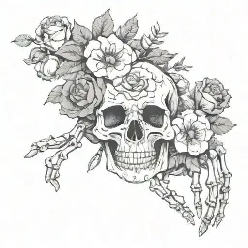 Skeleton Hands And Skull With Flowers