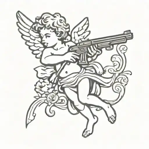 Cupid Carries A Gun Tattoo Sketch