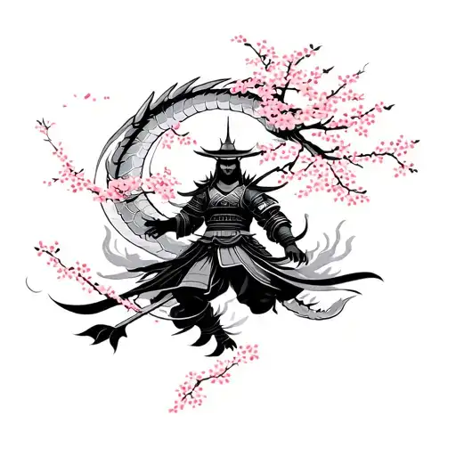 Japanese Tattoo With Cherry Blossom Behind A Japanese Warrior With A Dragon In The Sky