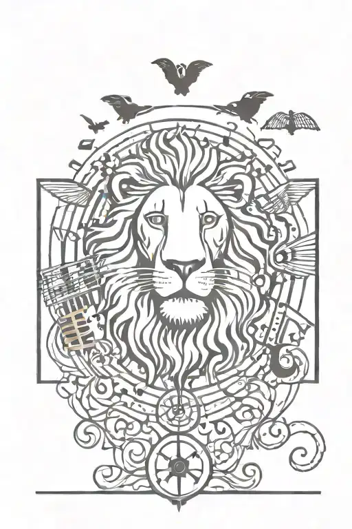 A Lion Head Surrounded By Musical Notes And Angels With Some Bats