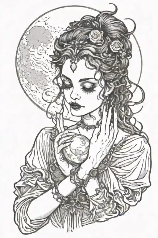 Gothic Woman Looking Down At Moon In Her Hands
