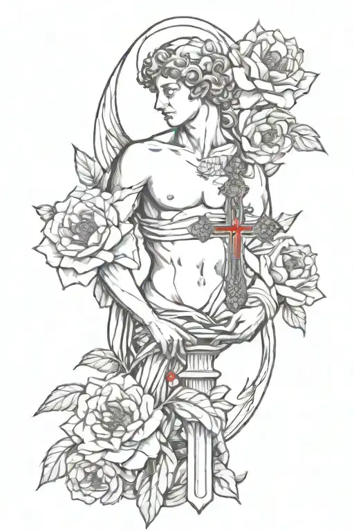 Eros And Psyche Statue With Red Peonies Wrapped Around And A Rosary With A Cross