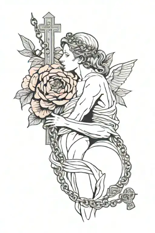 Eros And Psyche Kissing Statue With Red Peonies Wrapped Around And A Rosary With A Cross