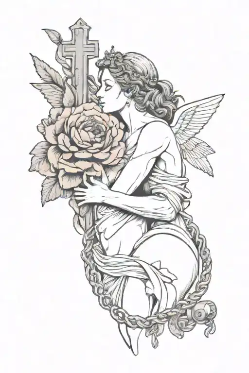 Eros And Psyche Kissing Statue With Red Peonies Wrapped Around And A Rosary With A Cross