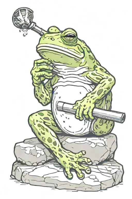Thoughtful Frog Sitting On A Stone With A Pipe In His Hands