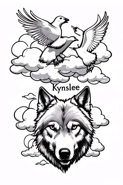 Kynslee Name And Doves In Clouds And A Wolf Look Back