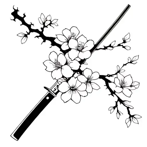 Sakura Branch And Flowers Of Likoris And With Katana