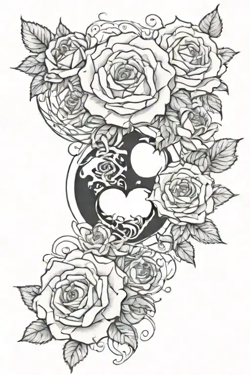 5 Roses And Realistic Heart And Semi Collon Yingyang Symbol