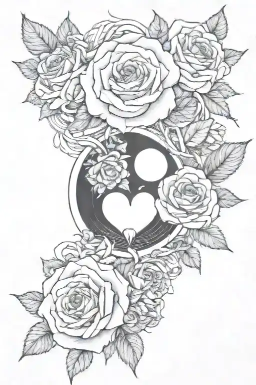 5 Roses And Realistic Heart And Semi Collon Yingyang Symbol