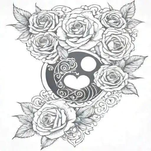 5 Roses And Realistic Heart And Semi Colon Yingyang Symbol