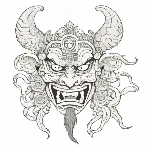 Mongolian Cham Demon Mask Surrounded