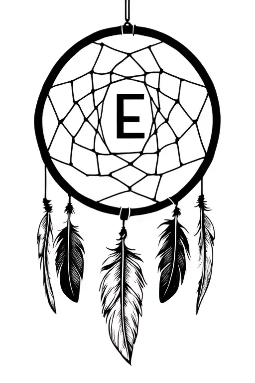 Dream Catcher With The Letter E In The Webbing Feathers Hanging Out On The Bottom