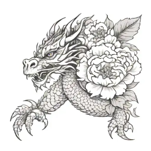 Dragon With Peony Flower With Leaves