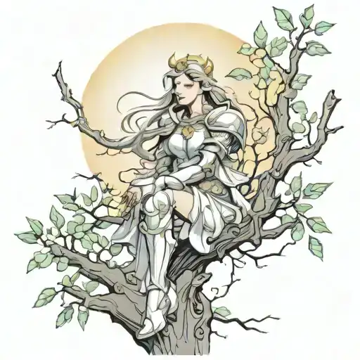 Woman Sitting On Branches With Sun Shining Armor Holding