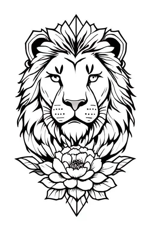 Front Lion Head And Peony And Geometric Shape