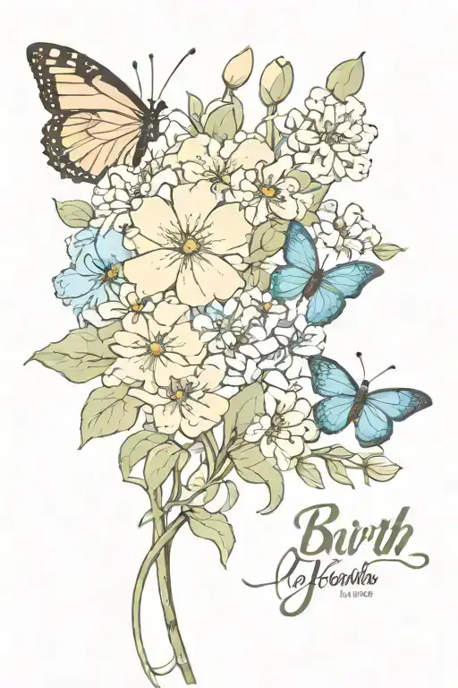 Birth Month Flowers With Name Written And Butterfly