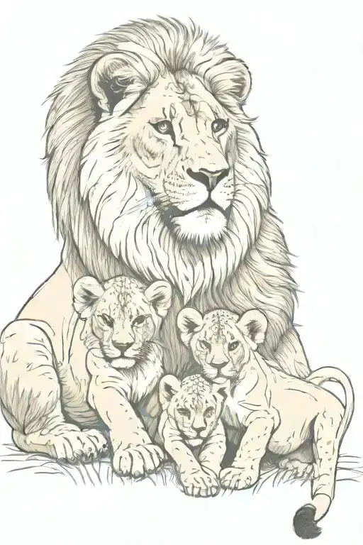 Lion Protecting Two Cubs