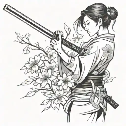 Japanese Woman Holding Katana Sword Facing Left With Flowers In The Backround