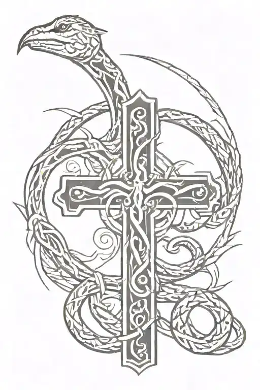 Sun Shinning On A Cross From Behind With A Snake Coiled