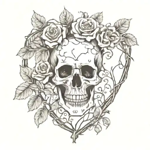Skull And Roses Intertwined Growing On Vines Above Heart On Lower Chest Above Breast