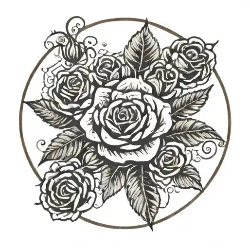 Circle Ring Of Several Small Roses Around A Center Flourish Design