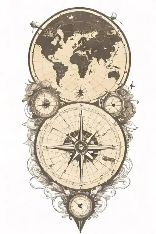 World Map With Compass Rose Intertwined With Clock