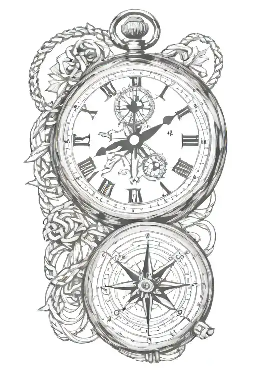 Pocket Watch And Compass Rose Intertwined