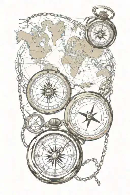 Pocket Watch And Compass Rose Intertwined Over World Map