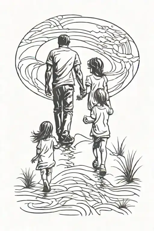 Two Little Girls And Dad Walking Along
