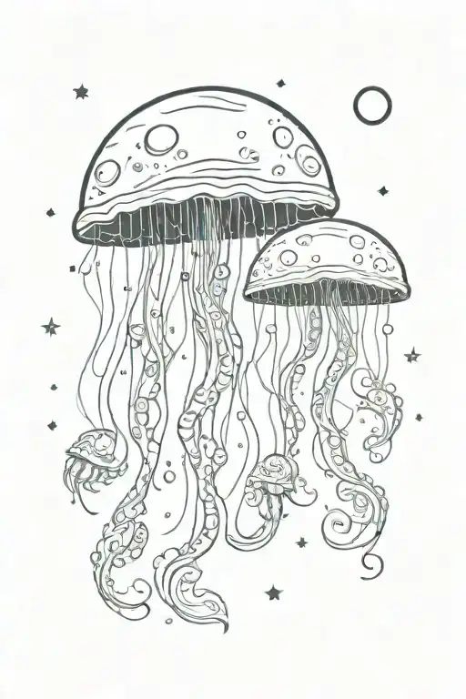 Jellyfish Swimming In Space Theme With Moon And Sun
