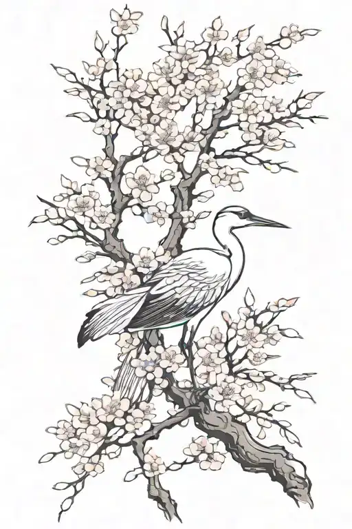 Cherry Blossom Flowers Japanese Crane Bird With Forest
