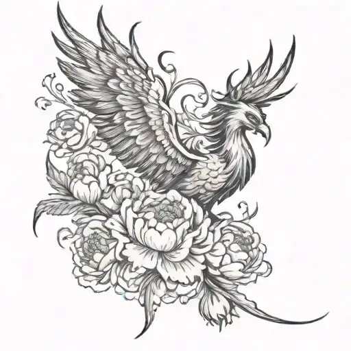 A Phoenix Flying Out Of A Peony Flower Intertwined With Thorns