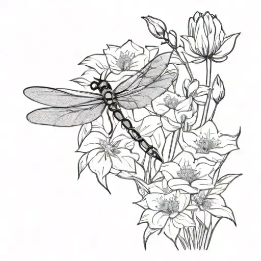 Feminine Tattoo Of A Dragonfly Surrounded By Delphinium And The Water Lilies
