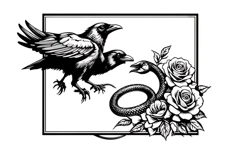 A Crow Fighting A Snake With Roses In The Background