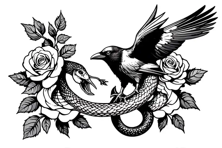 A Crow Fighting A Snake With Roses In The Background