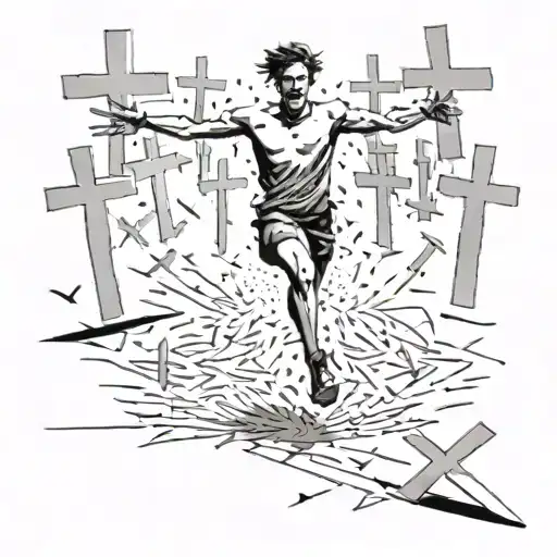 A Guy Runs From A Large Number Of Crosses With A Distorted Face