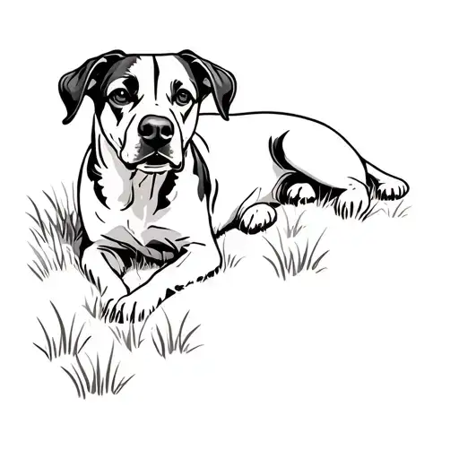 A Black And White Dog Laying In The Grass