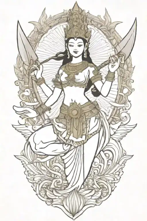 Thai Goddess Warrior Incorporate Sail Boat In The Background