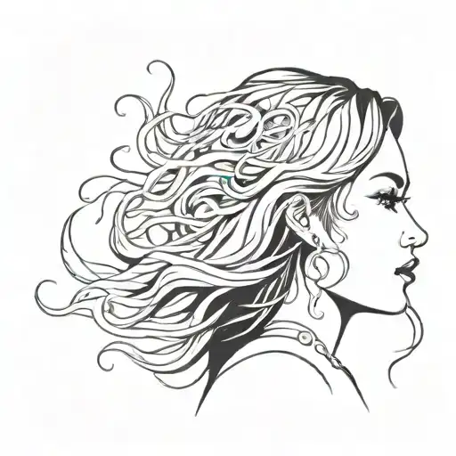 Simple Black And White Gibli Girl Side View Inspired With A Symbol Ocean