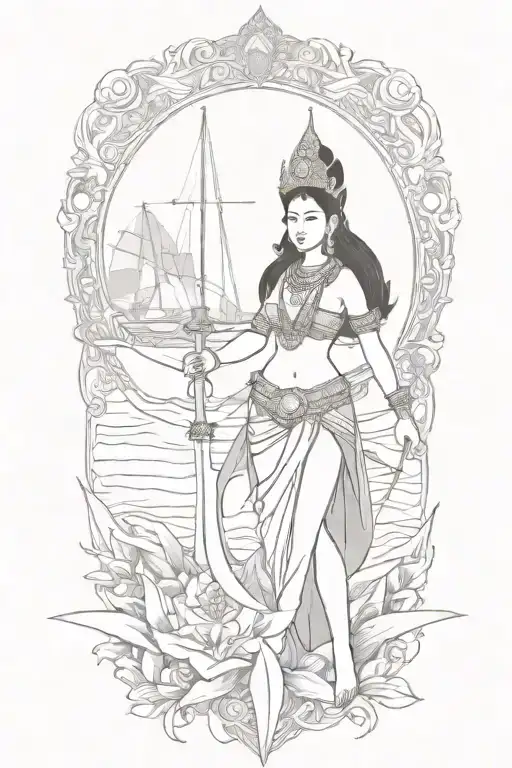 Thai Goddess Warrior Incorporate Sail Boat In The Background