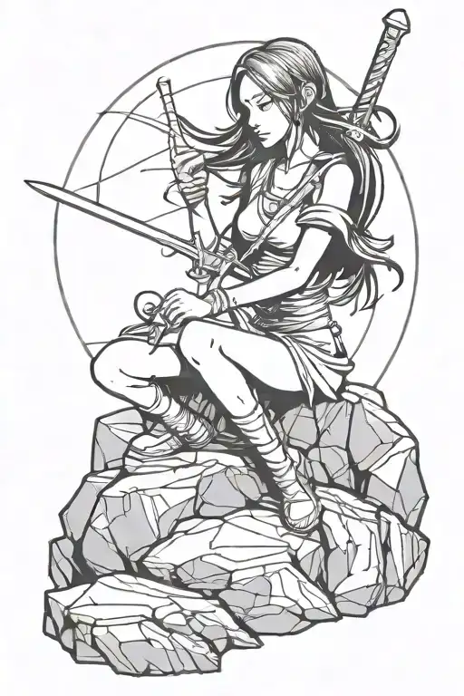 Girl Sitting On A Rock Holding A Sword In A Kingdom