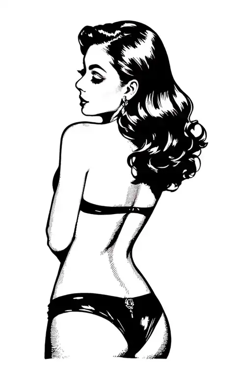 Pin Up Girl With Her Back Facing Forward Looking Over Shoulder With No Top On Wearing A Thong