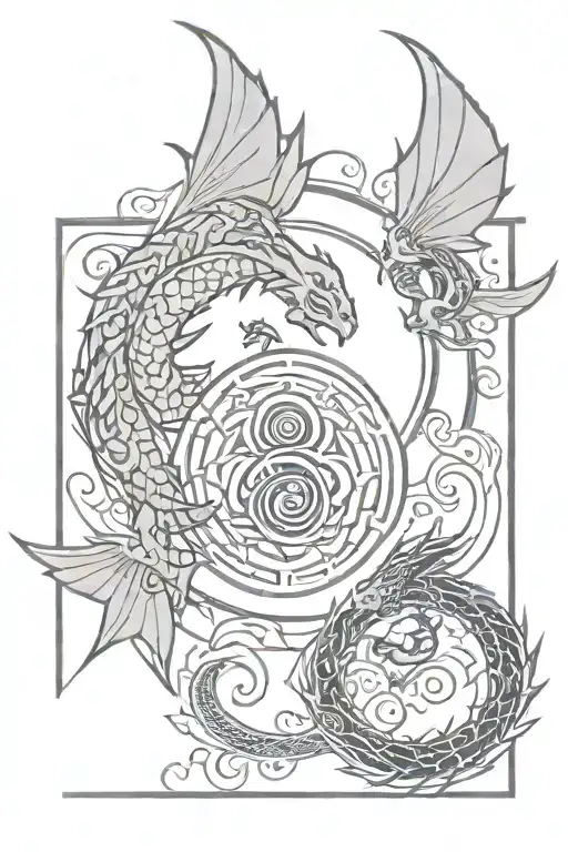 Mandala Design Incorporating A Dragon Flying Across Yin Yang