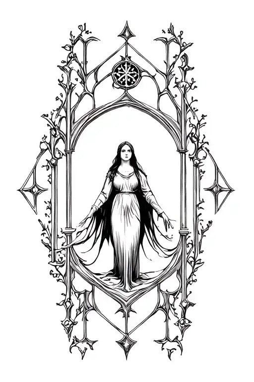Medieval Style Tattoo A Gothic Structure With A Woman In The Center