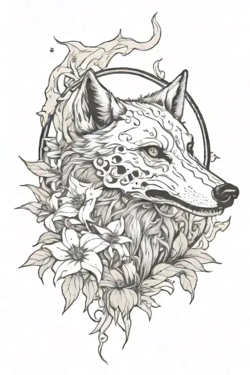 Wolf Skull Howling At The Moon Surrounded By Wild And Vibrant Lilies With Time Compus As A Sunflower