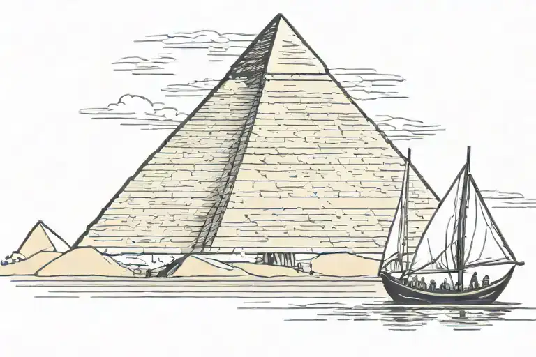 Egyptian Pyramid Boat In The Background Of The Nile River
