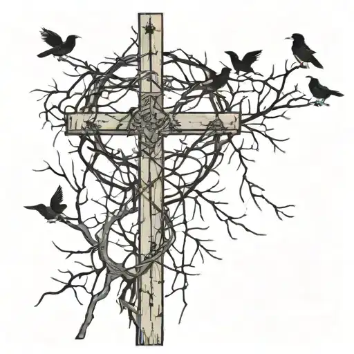 Crown Of Thorns With 3 Crosses Coming Out Tall With Crows Surrounding The Crosses