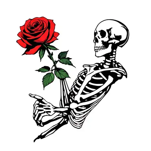 Skeleton Holding Rose In Hand Facing Sideways