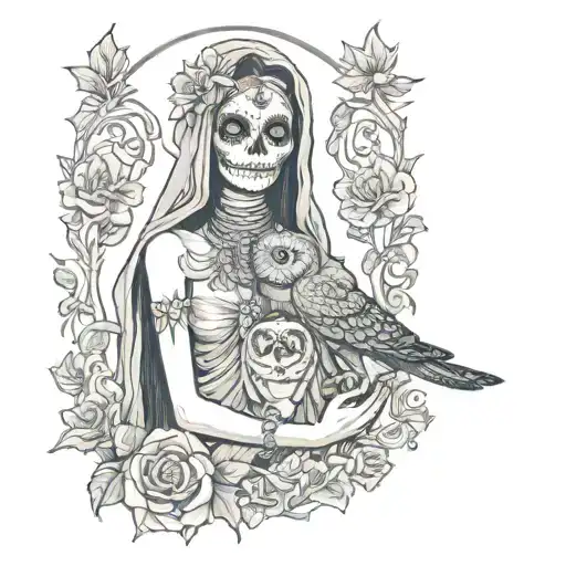 Santa Muerte Body Girl Holding Owl